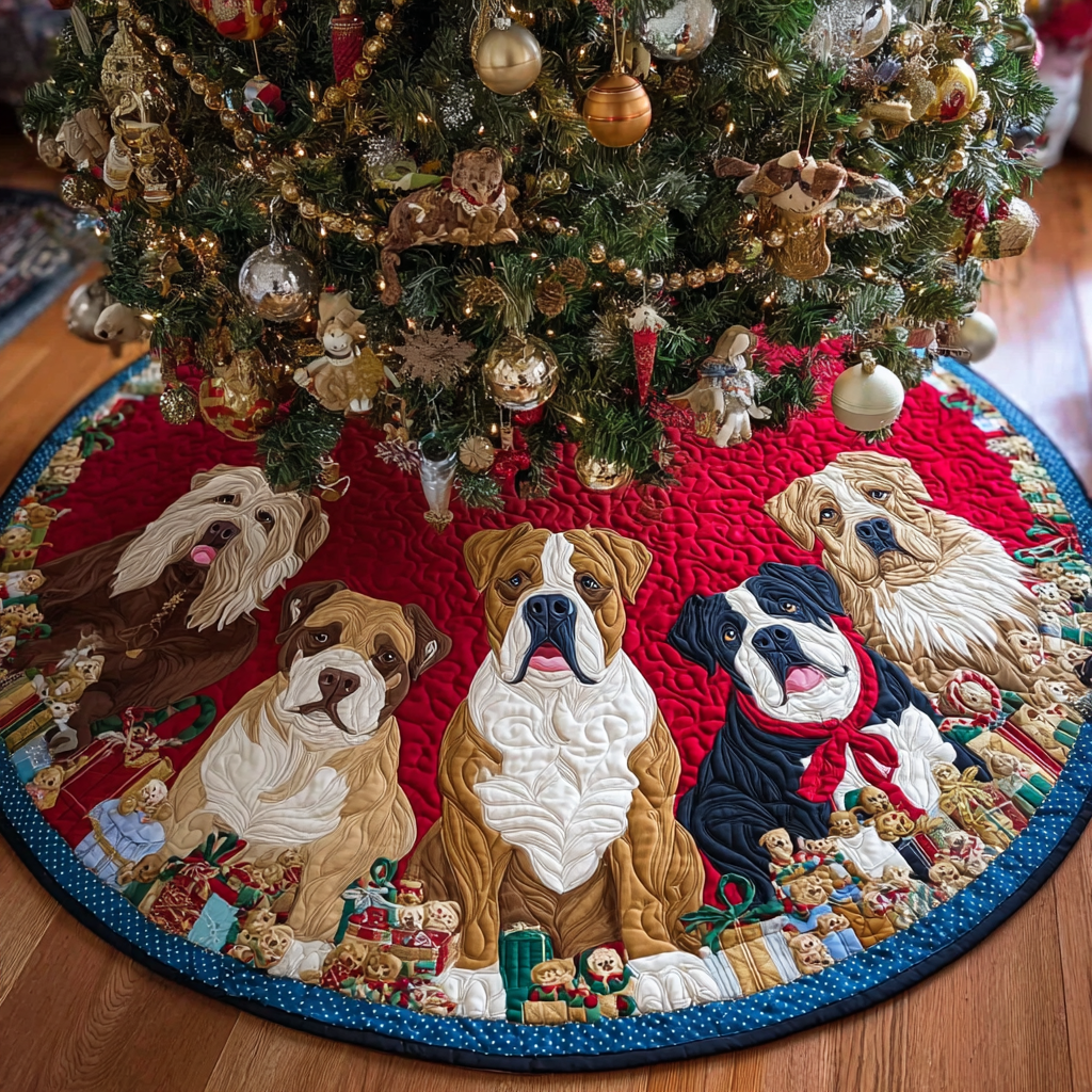 Merry Pitbull Christmas Quilted Tree Skirt Xmas Tree Base Cover Christmas Gifts For Dog Lovers