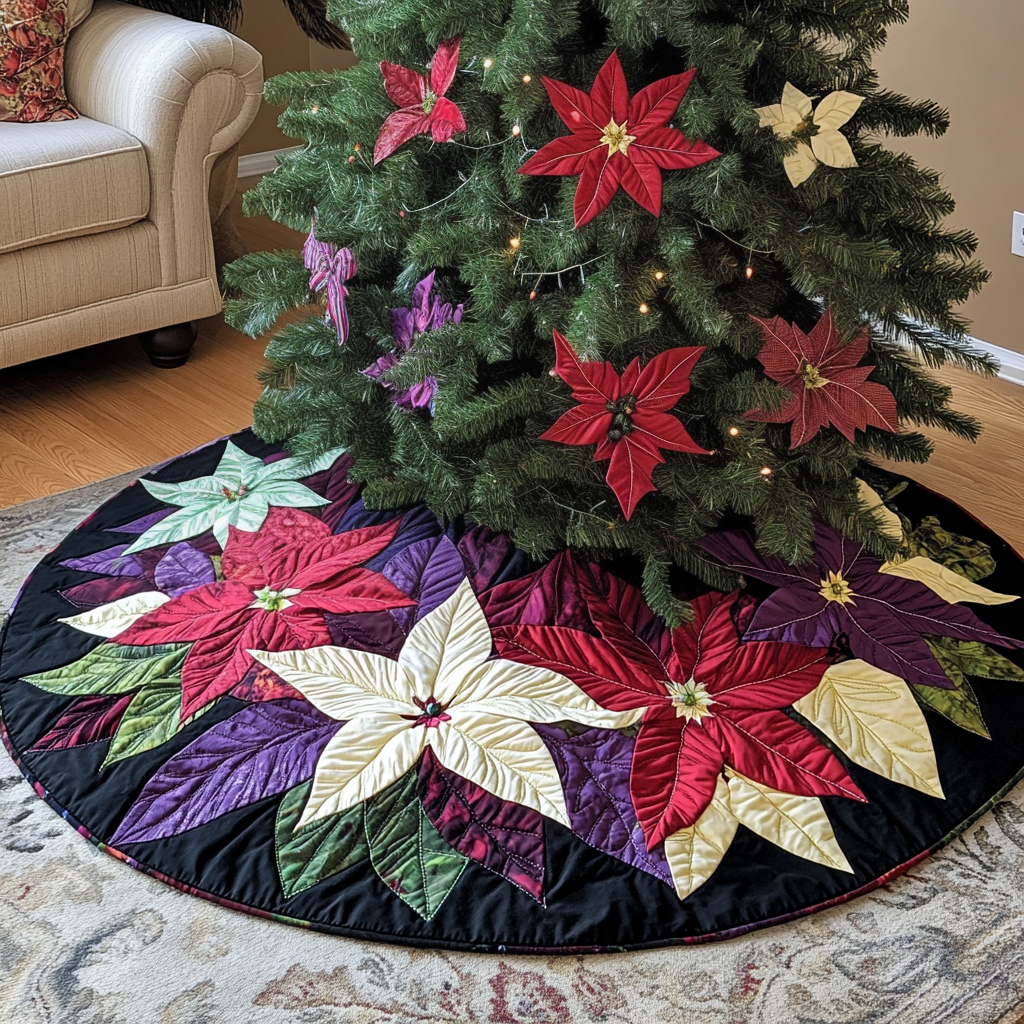 Merry Poinsettia Christmas Quilted Tree Skirt Custom Christmas Tree Skirt Merch for Your Family