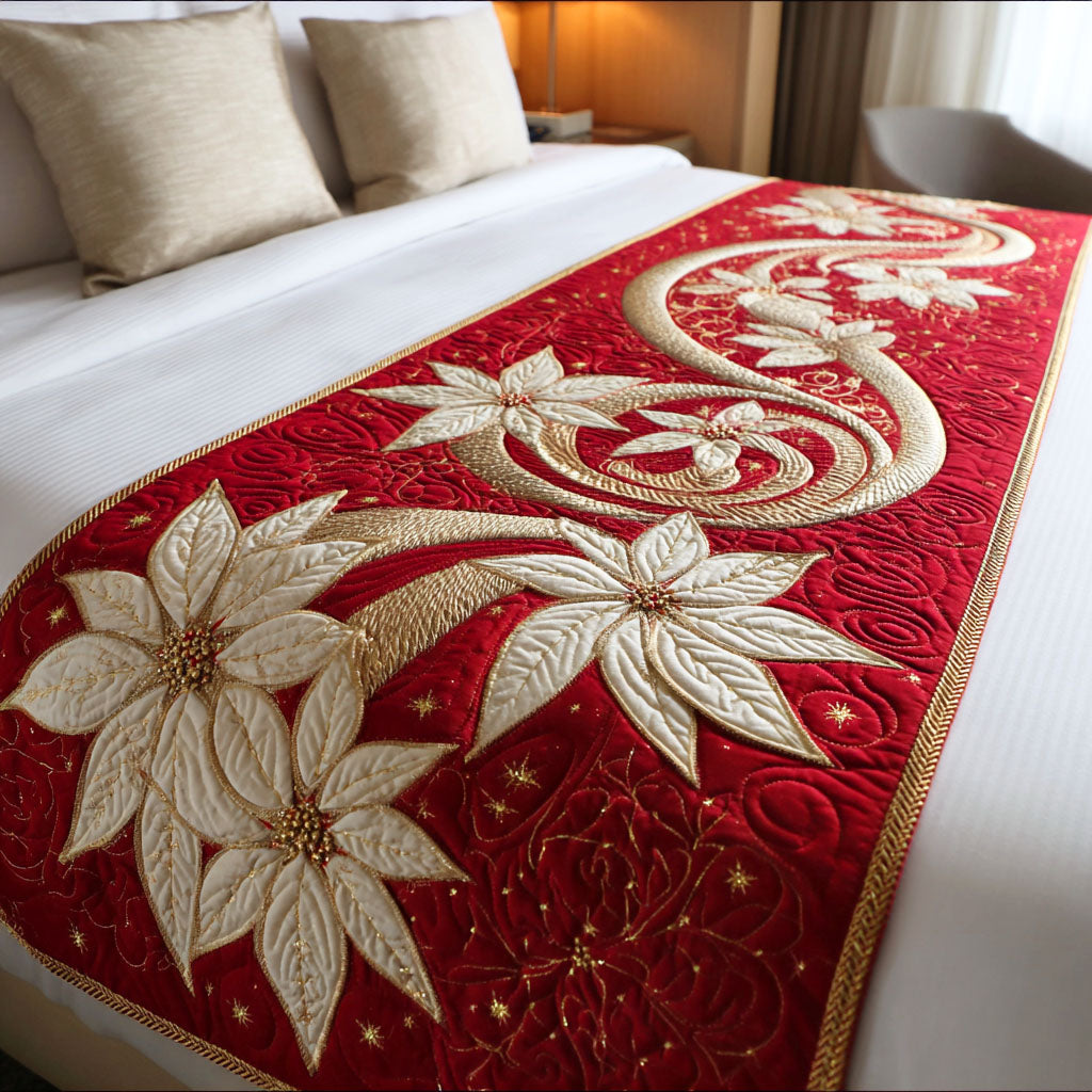Merry Poinsettia Quilted Bed Runner Bedroom Holiday Decor Secret Santa Gift Ideas