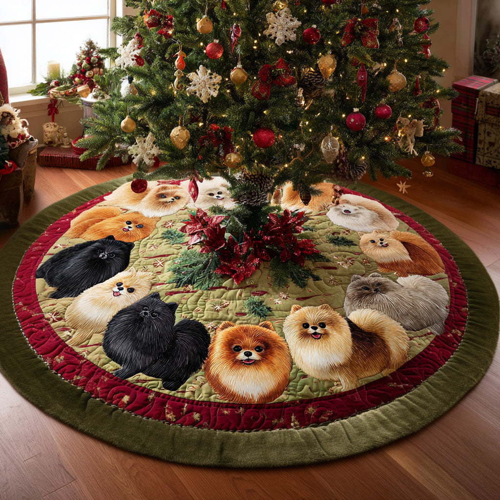 Merry Pom Circle Christmas Quilted Tree Skirt Xmas Tree Decor Presents For Dog Owners