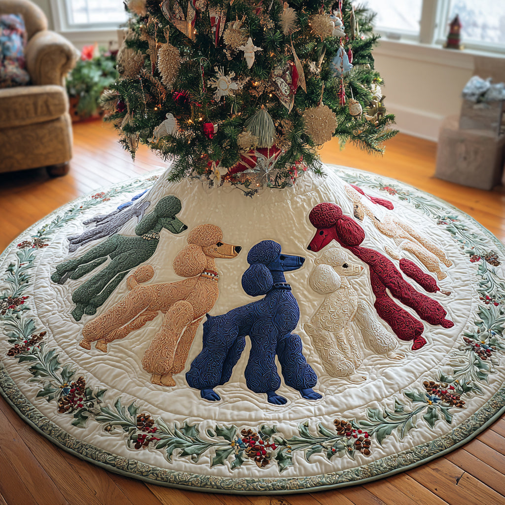 Merry Poodle Lights Quilted Christmas Tree Skirt Custom Christmas Tree Skirt Merch for Your Family