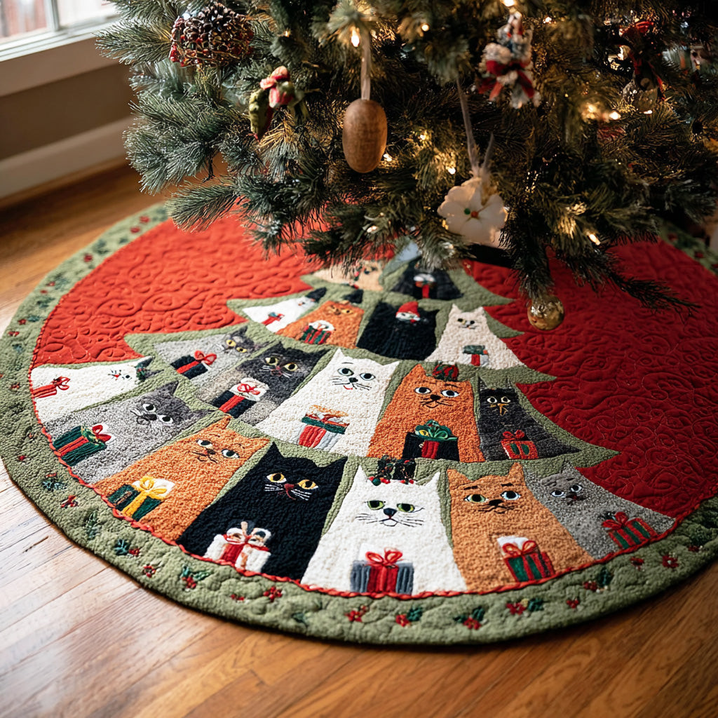Merry Pounce Christmas Quilted Tree Skirt Xmas Tree Decor Cute Holiday Tree Skirt