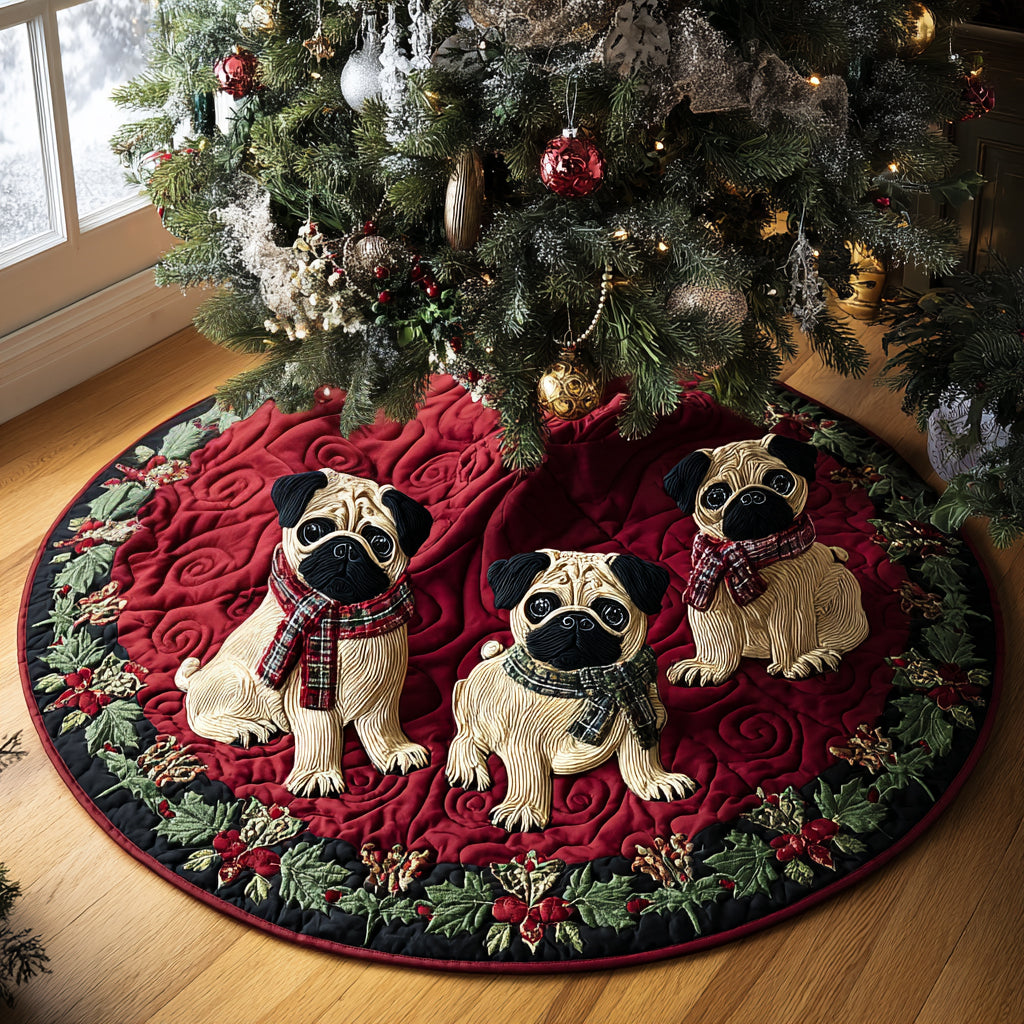 Merry Pugmas Quilted Christmas Tree Skirt Popular Gift Merch for Christmas Enthusiasts
