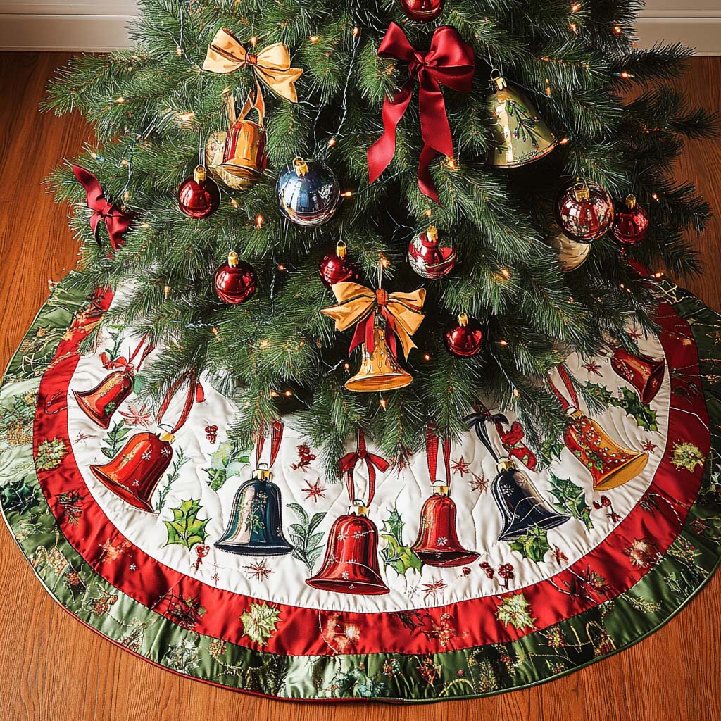 Merry Rings Christmas Quilted Tree Skirt Classic Red and White Tree Skirt for Traditional Decor