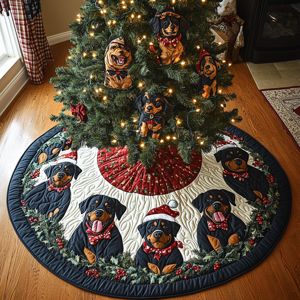 Merry Rottie Christmas Christmas Quilted Tree Skirt Custom Christmas Tree Skirt Merch for Your Family