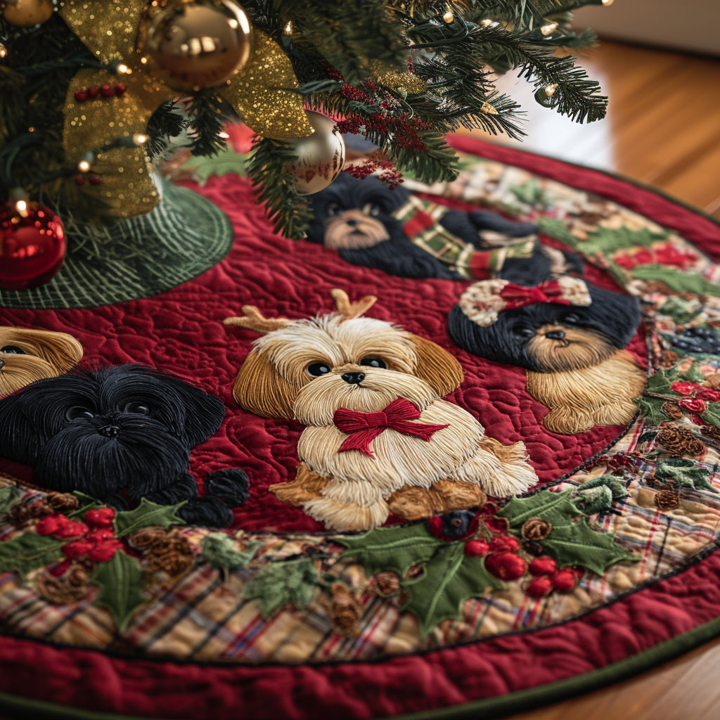 Merry Shih Tzu Christmas Quilted Tree Skirt Xmas Tree Decor Cool Gifts For Dog