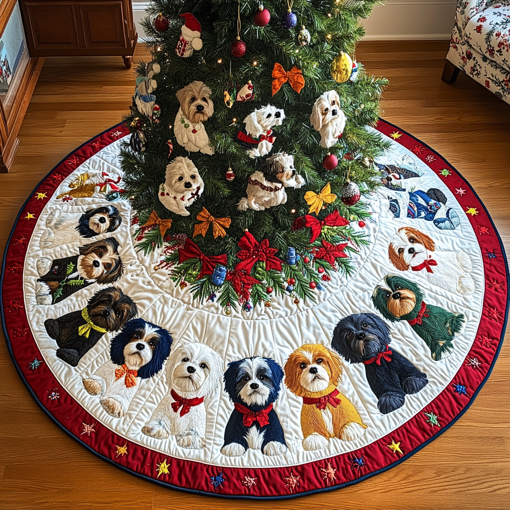 Merry Shih Tzu Wishes Christmas Quilted Tree Skirt Christmas Tree Skirt Gift That Brings Joy