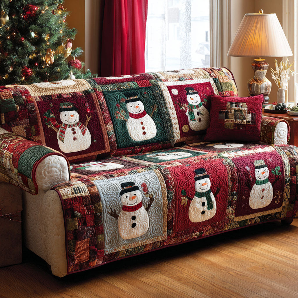 Merry Snowmen Quilted Sofa Cover Christmas Family Room Decor Gifts For Snowman Lovers