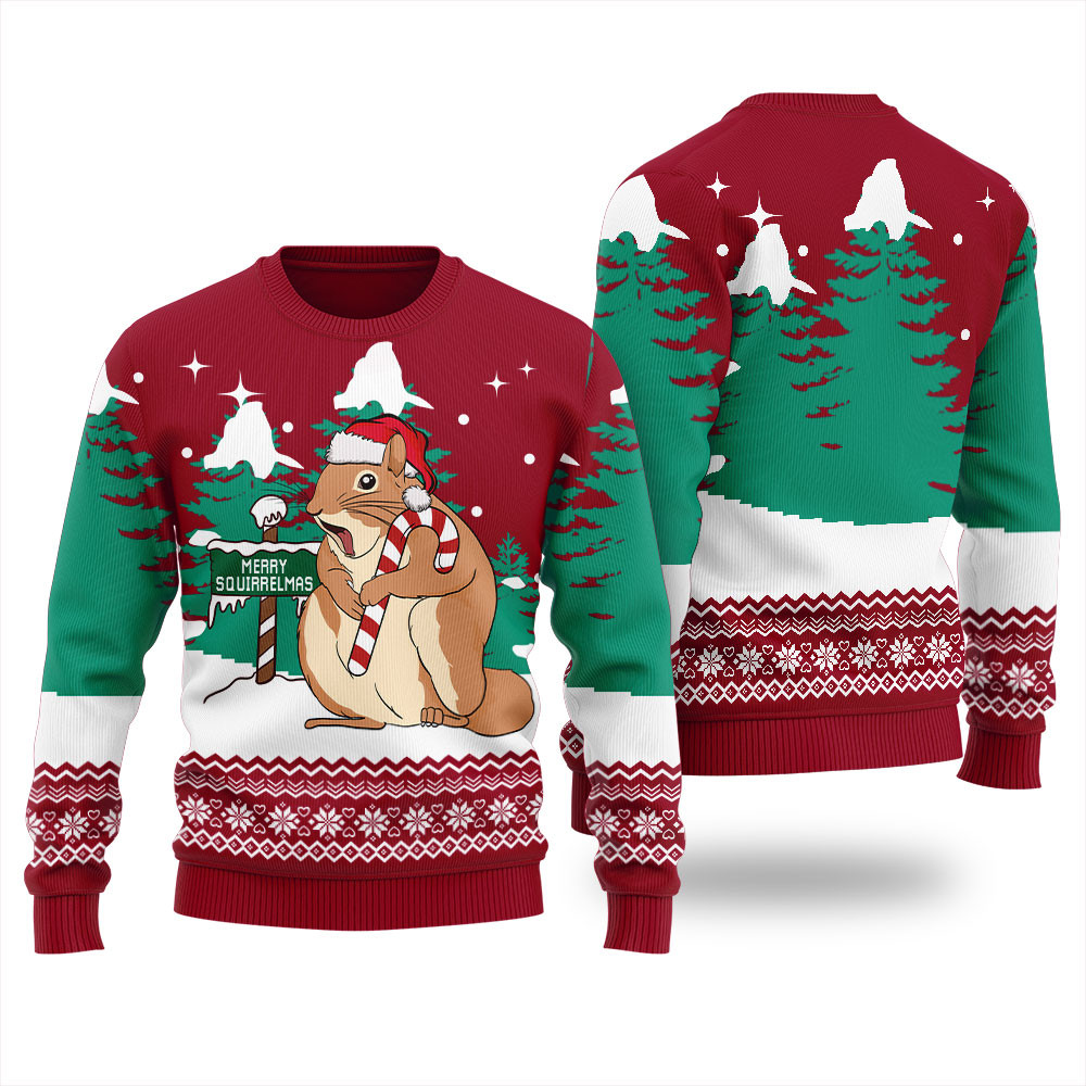 Merry Squirrelmas Ugly Christmas Sweater For Women Comfortable Holiday Sweater for Chilly Nights