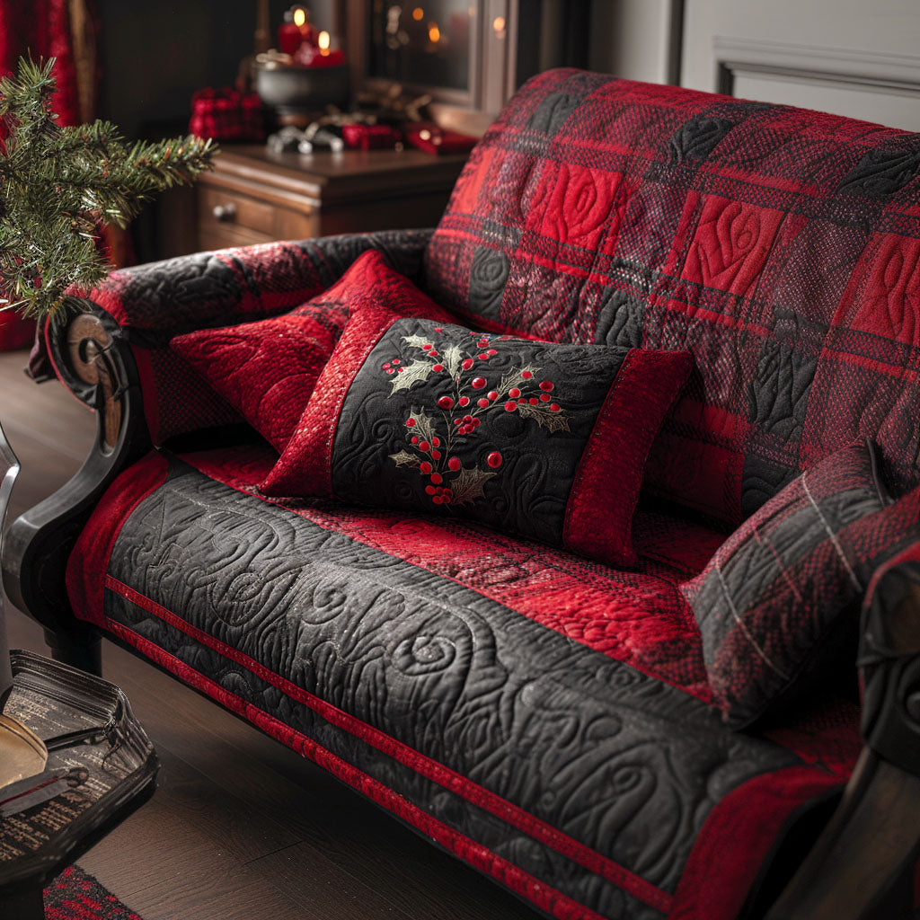 Merry Tartan Quilted Sofa Cover Christmas Family Room Decor Birthday Gifts For Friends