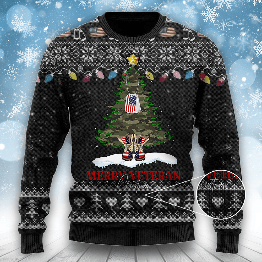 Merry Veteran Christmas Sweater Combat Boots Dog Tag Christmas Tree Ugly Sweater Gift