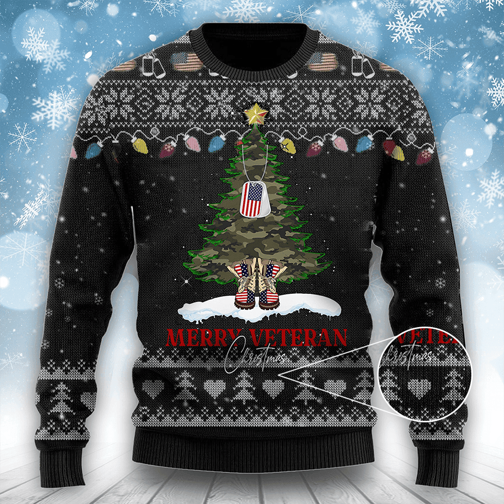 Merry Veteran Christmas Sweater Combat Boots Dog Tag Christmas Tree Ugly Sweater Gift
