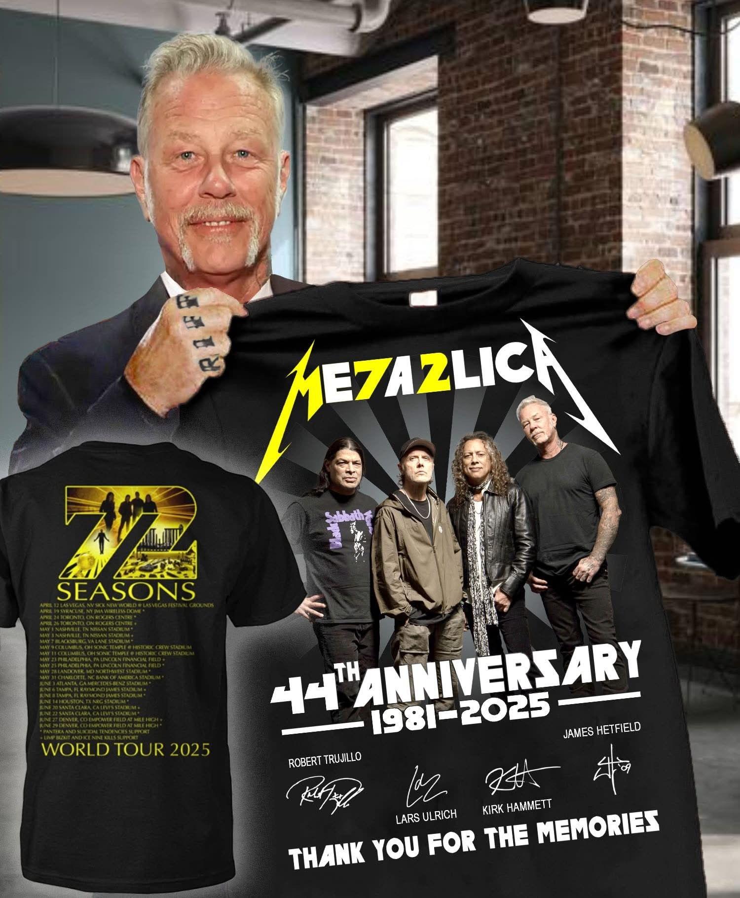 Metallica M72 World Tour Evanescence Suicidal Tendencies 44th Anniversary 1981-2025 T-Shirt