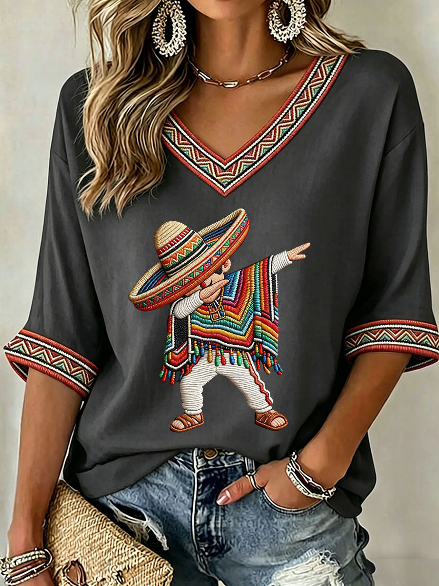 Mexican Boy Dabbing Poncho Cinco V-Neck Raglan Shirt De Mayo Clothing Holiday Gift Ideas