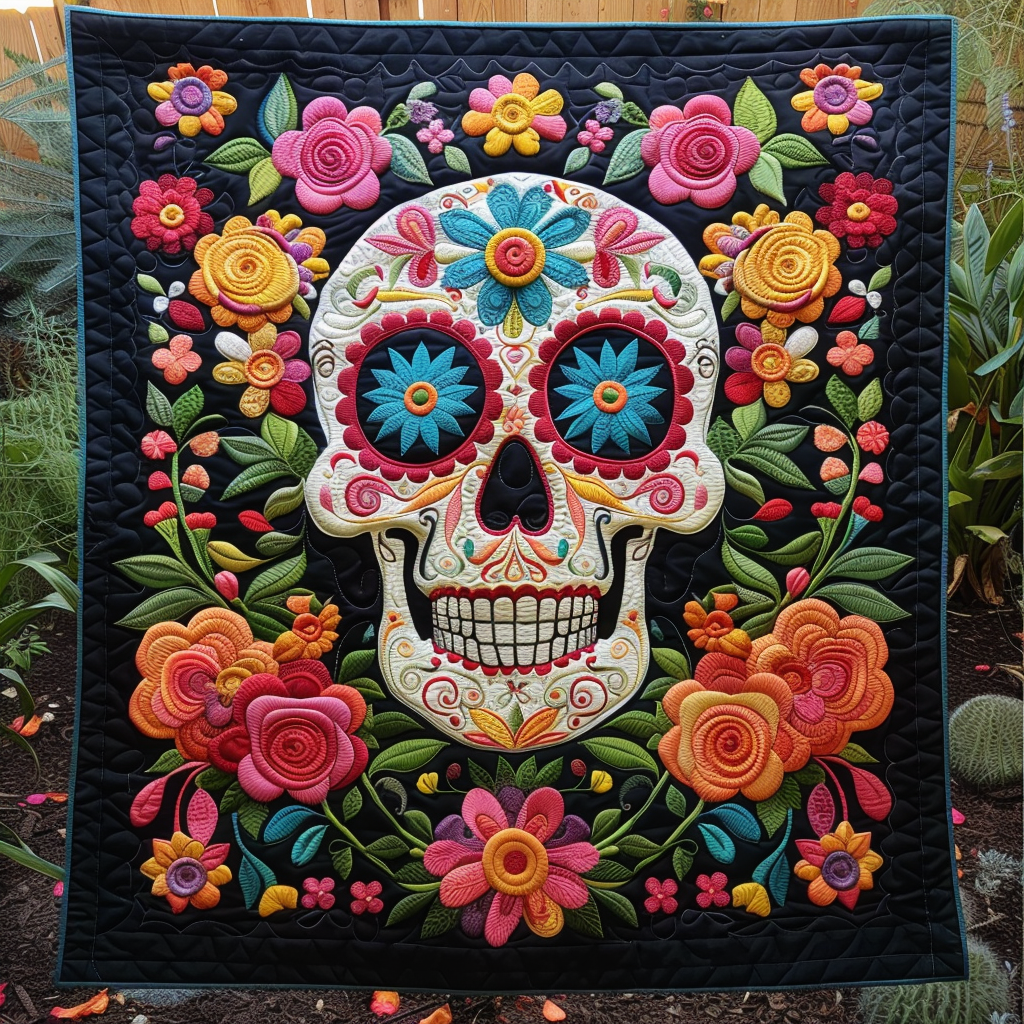 Mexican Calavera Quilted Blanket Day Of The Dead Blanket