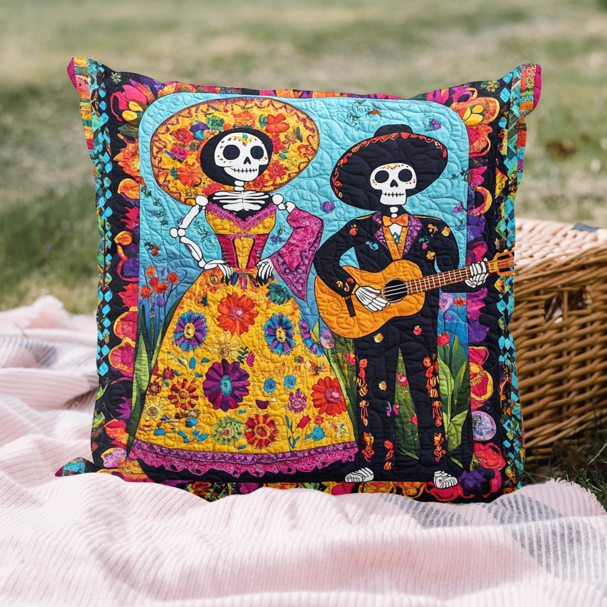 Mexican Day Of The Dead Quilted Pillow Case Pillow Cover for Living Room Decor