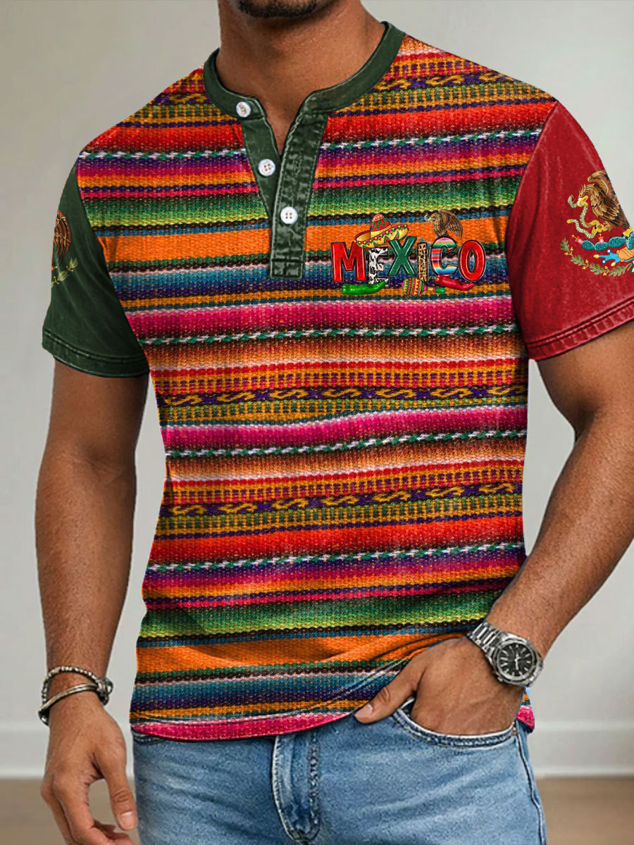Mexican Serape Button T-Shirt Colorful Mexican Stripe Mexico Fiesta Party Clothing Gift For Men