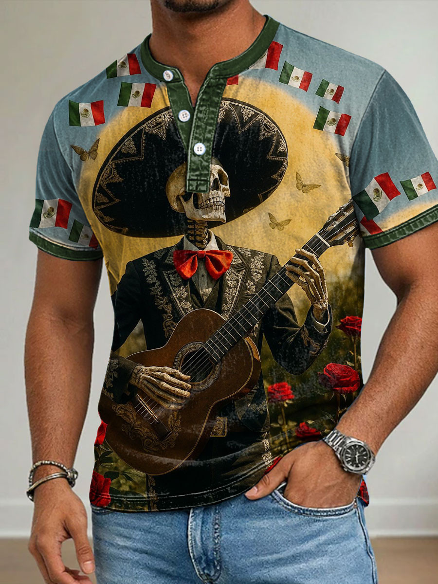 Mexican Skeleton Button T-Shirt Guitar Skeleton Cinco De Mayo Clothing Gift For Husband