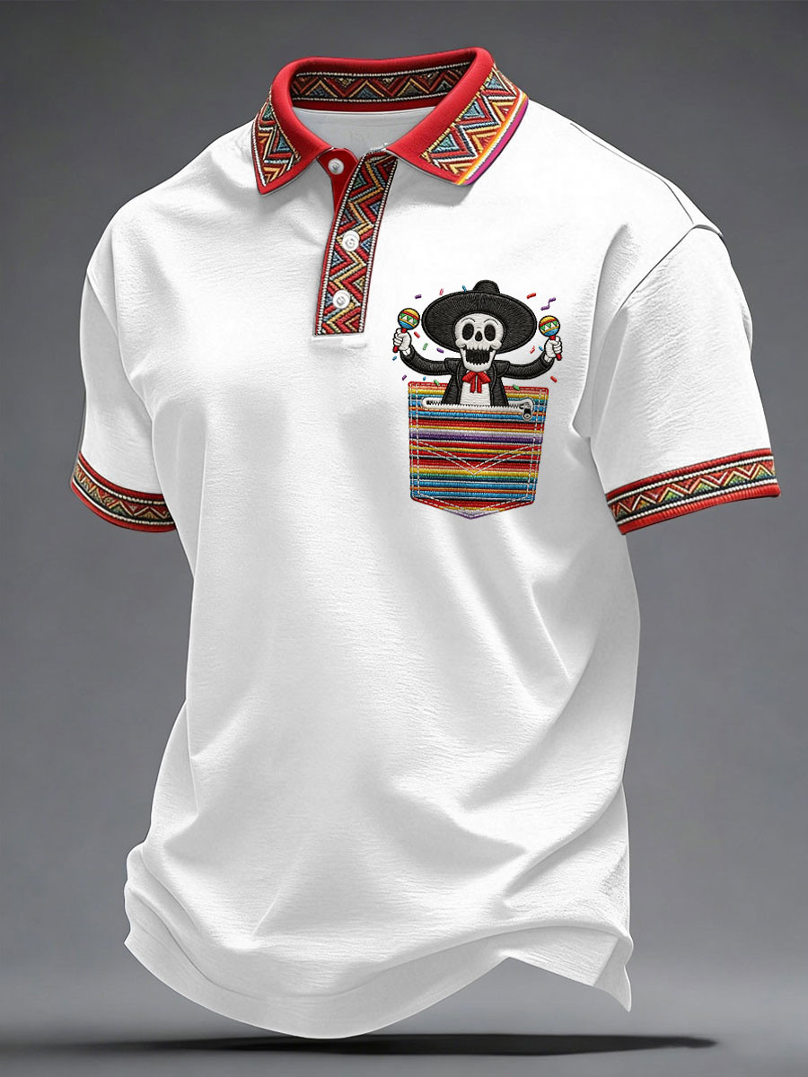 Mexican Skull Pocket Polo Shirt Day Of The Dead Skull Clothing Gift For Him