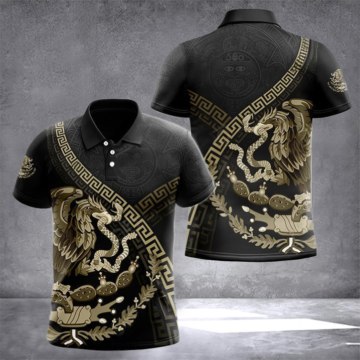 Mexico Aztec Gold Pattern Polo Shirt Mexican Mens Clothes Presents For Mexicans