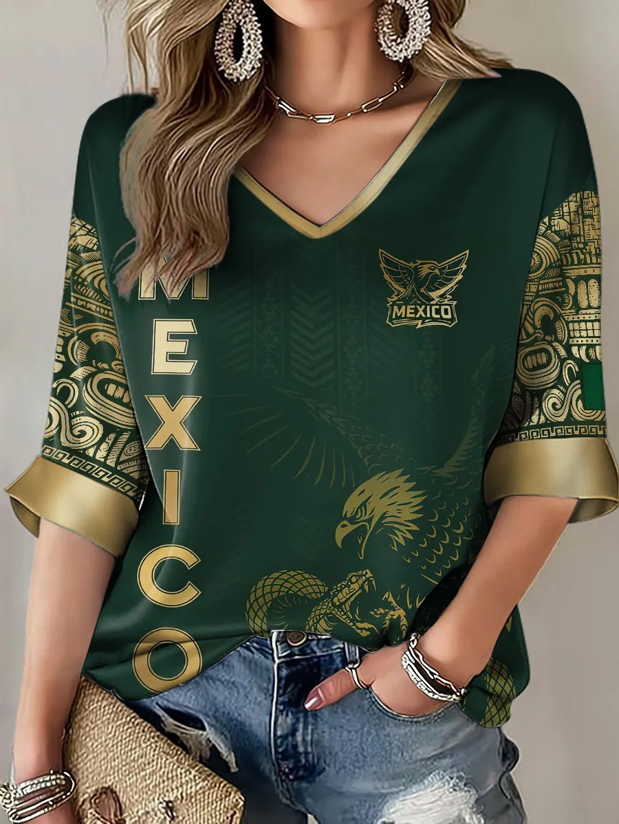 Mexico Eagle Aztec Long Sleeve V-Neck Shirt World Cup 2026 Fan Clothing Gift For Soccer Lovers