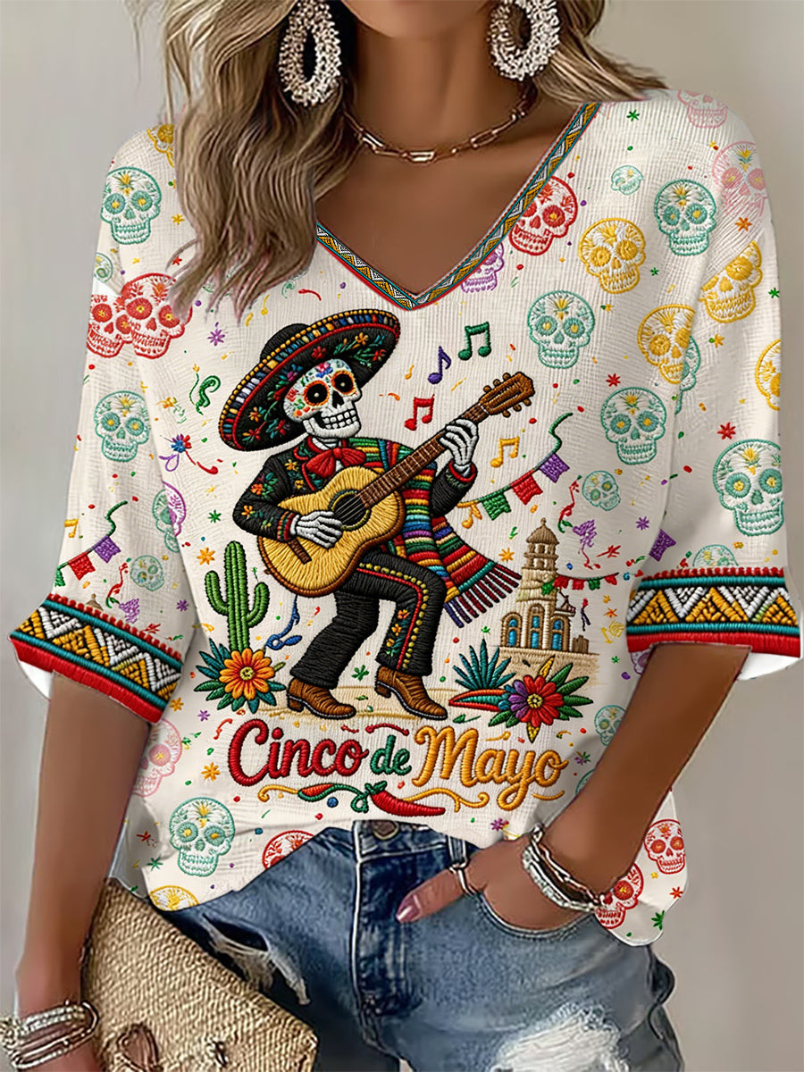 Mexico Festival V-Neck Raglan Shirt Funny Cinco De Drinko Skeleton Outfits Gifts For Mom