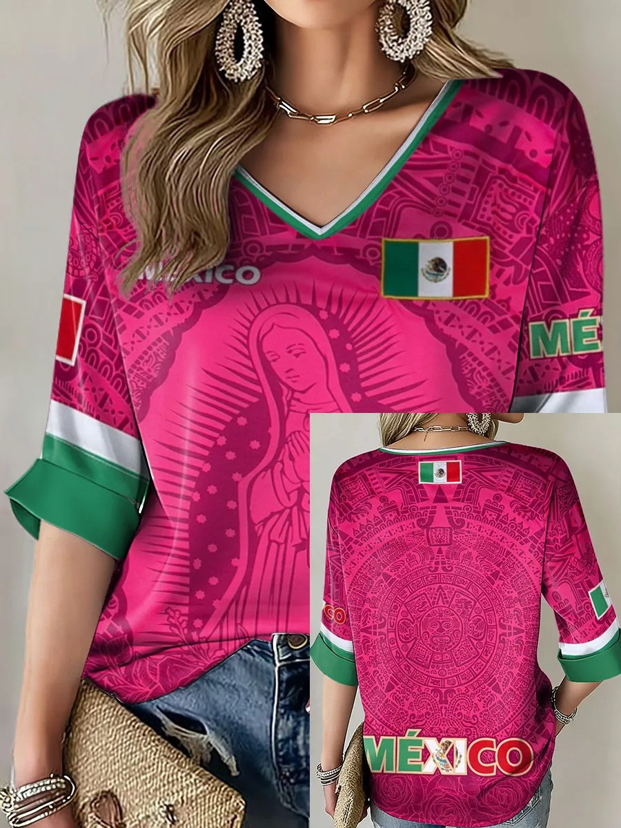 Mexico Virgin Of Guadalupe Long Sleeve V-Neck Shirt World Cup 2026 Soccer Fan Clothing Gift For Her
