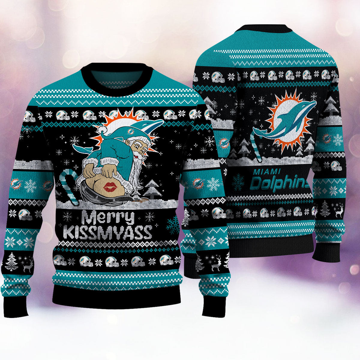 Miami Dolphins Santa Merry Kissmyass Ugly Christmas Sweater Funny Xmas Holiday Fan Gifts