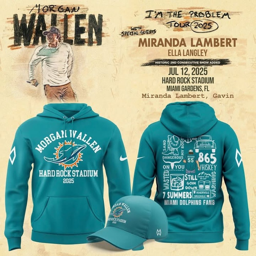 Miami Dolphins x Morgan Wallen Hardrocks Staditum 2025 Tour Hoodie Miami Dolphins Merch Unique Football Gifts For Fans