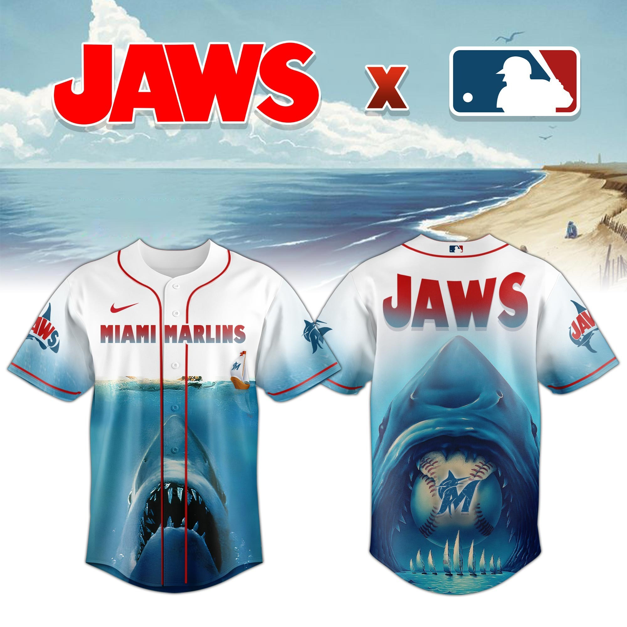 Miami Marlins x JAWS Jersey MLB Merch Baseball Lovers Themed Movie Gifts For Jaws Fans