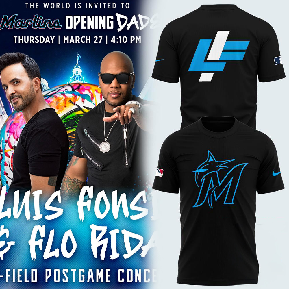Miami Marlins x Luis Fonsi and Flo Rida 2025 New Black Shirt Gifts For Baseball Lovers