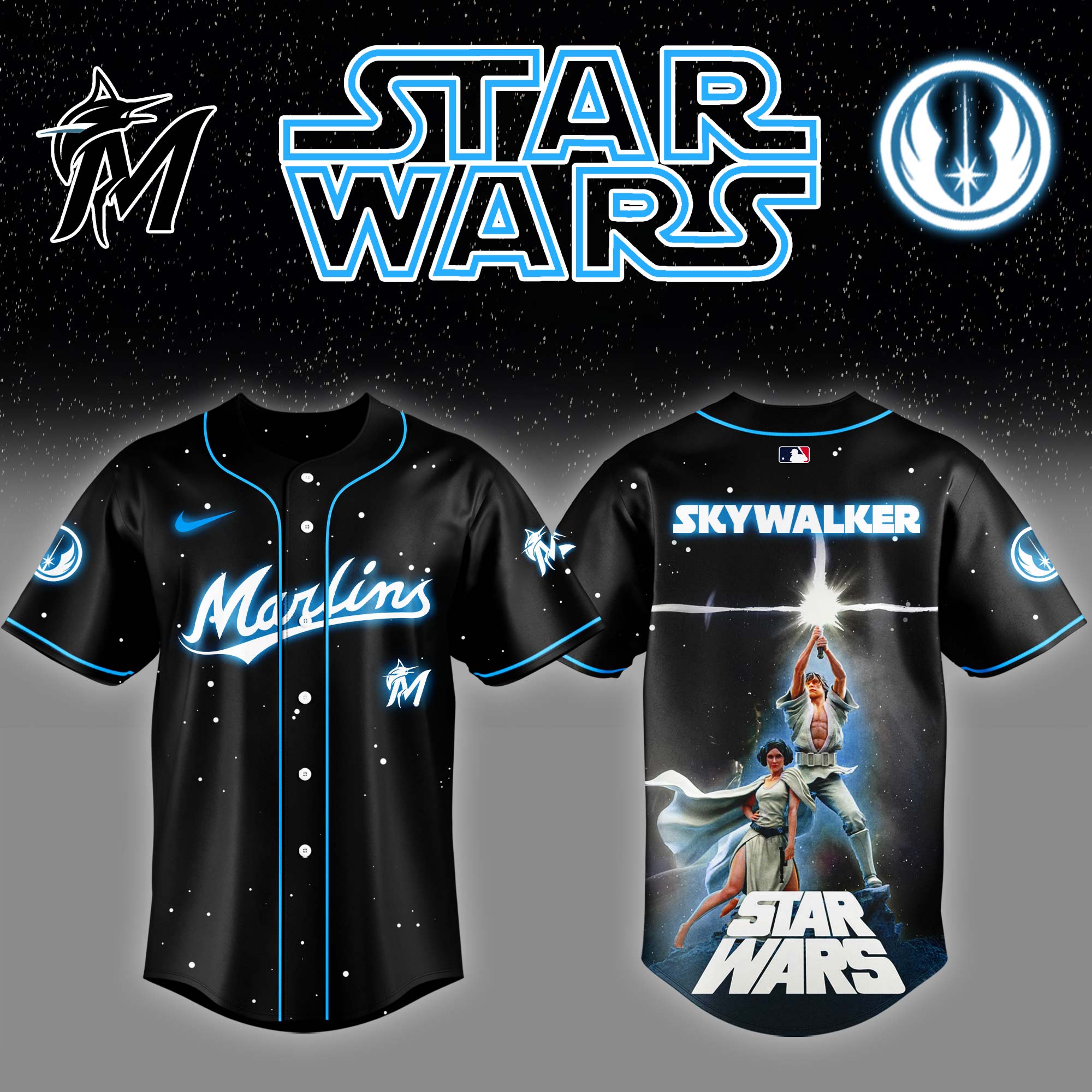 Miami Marlins x Stars Wars Luke Skywalker Game Night Baseball Jersey Gift Ideas For Baseball Players