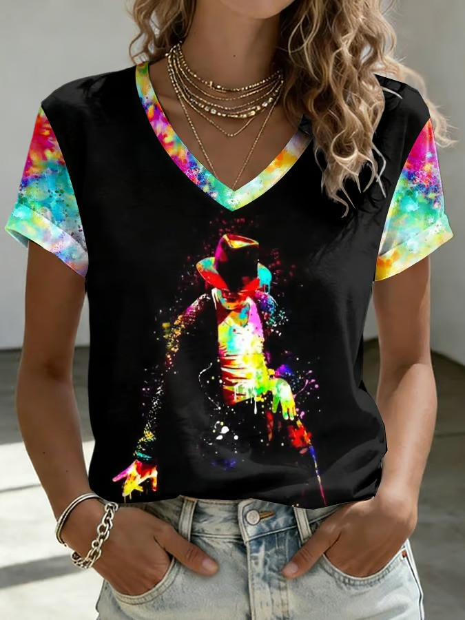 Michael Jackson Colorful V-Neck T-Shirt King Of Pop Moonwalk Art Tribute Best Gift Fans