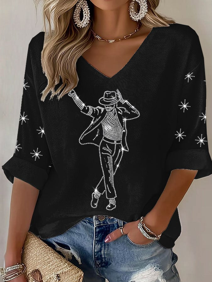 Michael Jackson Dance Pose Inspired V-Neck Long Sleeve Shirt Michael Jackson Clothing Gift For Her