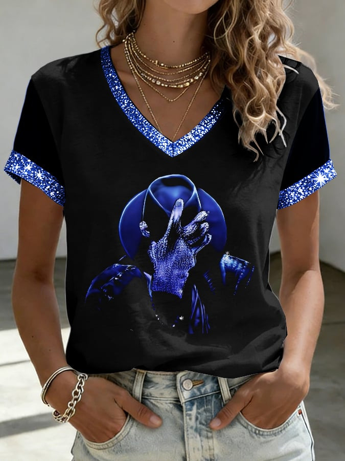 Michael Jackson Electric Blue V-Neck Shirt Pop Legend Dance Silhouette Merch Gift For MJ Fans