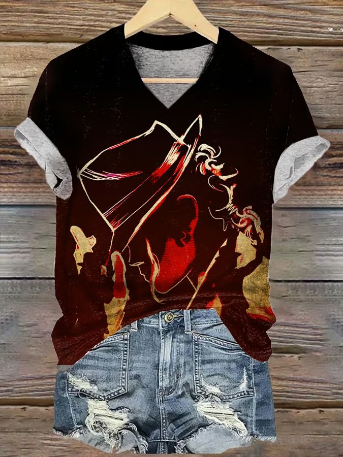 Michael Jackson Fedora Silhouette V-Neck T-Shirt King Of Pop Dance Legend Best Gift For Fans