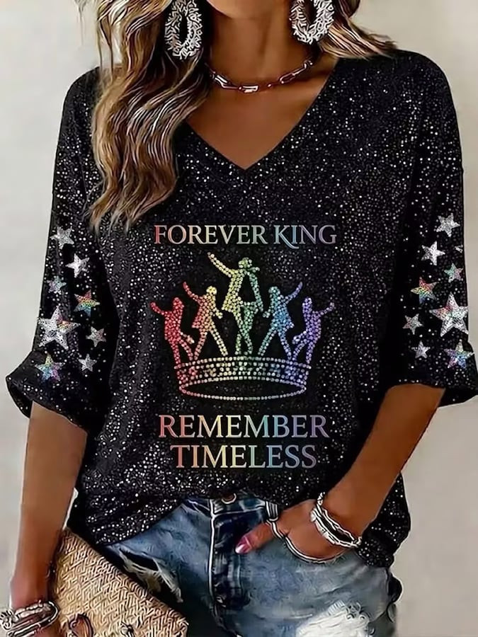 Michael Jackson Forever King Remember Timeless V-Neck Long Sleeve Shirt Michael Jackson Apparel