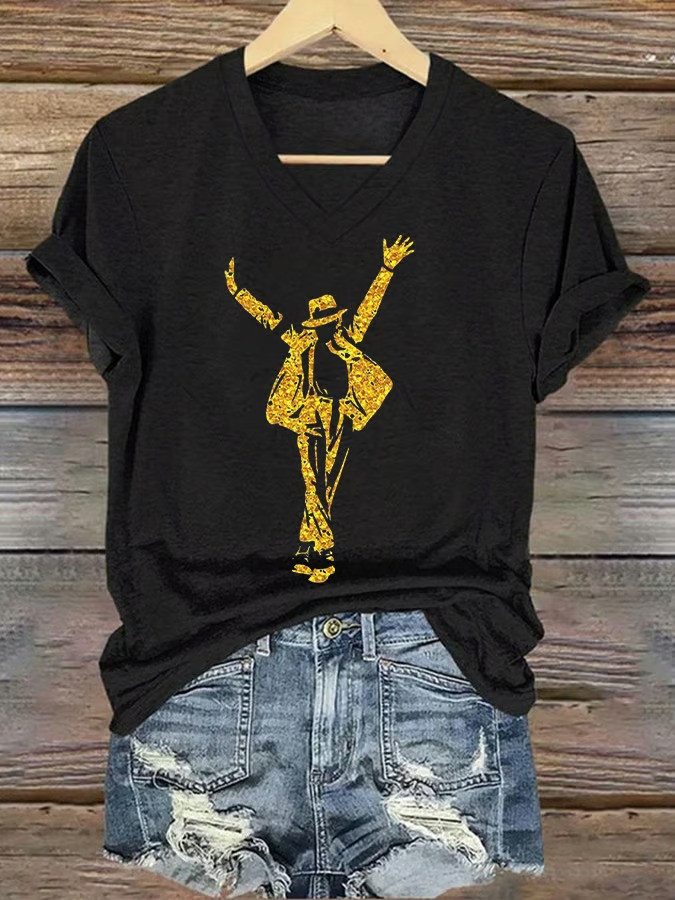 Michael Jackson Golden Silhouette V-Neck T-Shirt King Of Pop Tribute Fan Merch Best Gift For Fans
