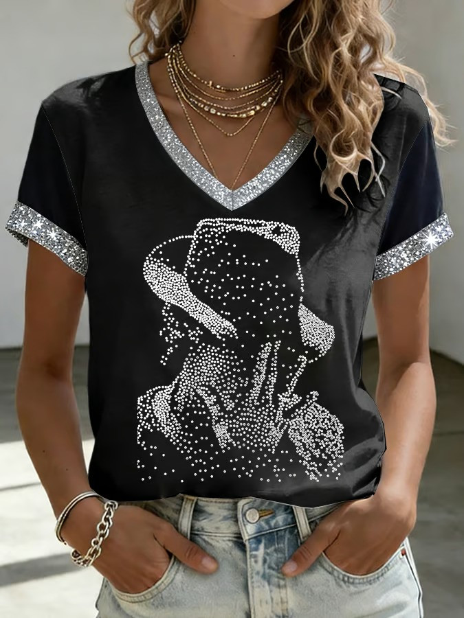 Michael Jackson Hat Portrait Rhinestone V-Neck T-Shirt King Of Pop Fan Merch Best Gift For Fans