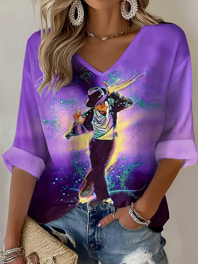 Michael Jackson Purple Glow Long Sleeve V-Neck Shirt King Of Pop Dance Tribute Legend Best Gift Ideas