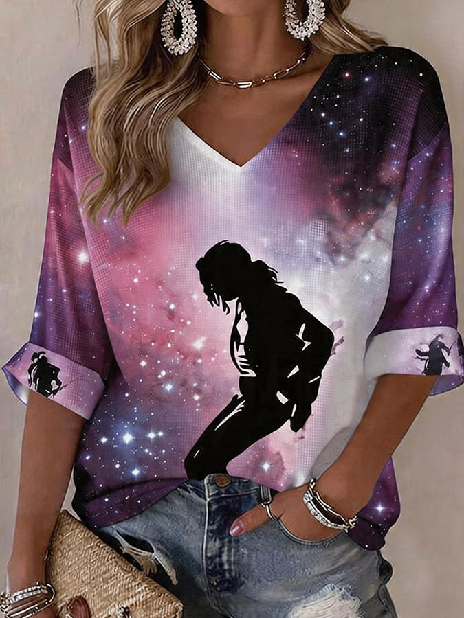 Michael Jackson Silhouette Dance Pose V-Neck Long Sleeve Shirt Michael Jackson Apparel Gift For Wife