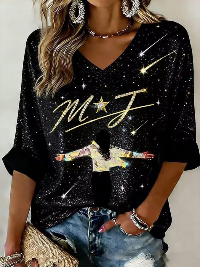 Michael Jackson Stars V-Neck Long Sleeve Shirt Michael Jackson Apparel Gift For Mother's Day