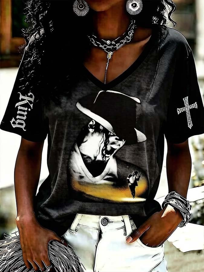Micheal Jackson Merch King Of Pop Faith Cross V-Neck Shirt Micheal Jackson Clothes Gift For Mother