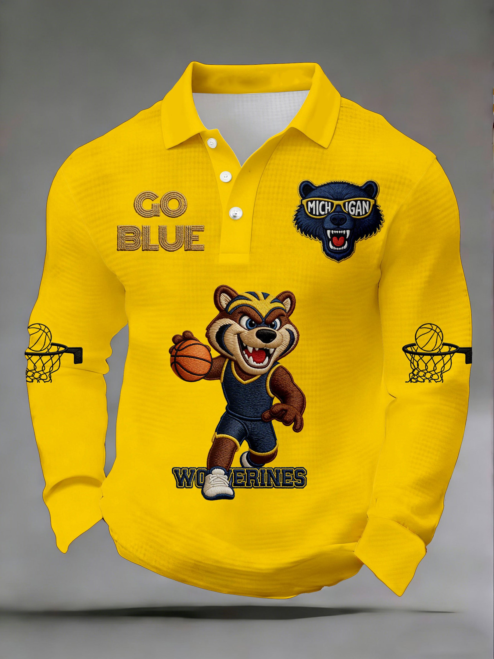 Michigan Wolverines Merch Go Blue Polo Long Sleeve Shirt Game Day Clothing Gift Ideas