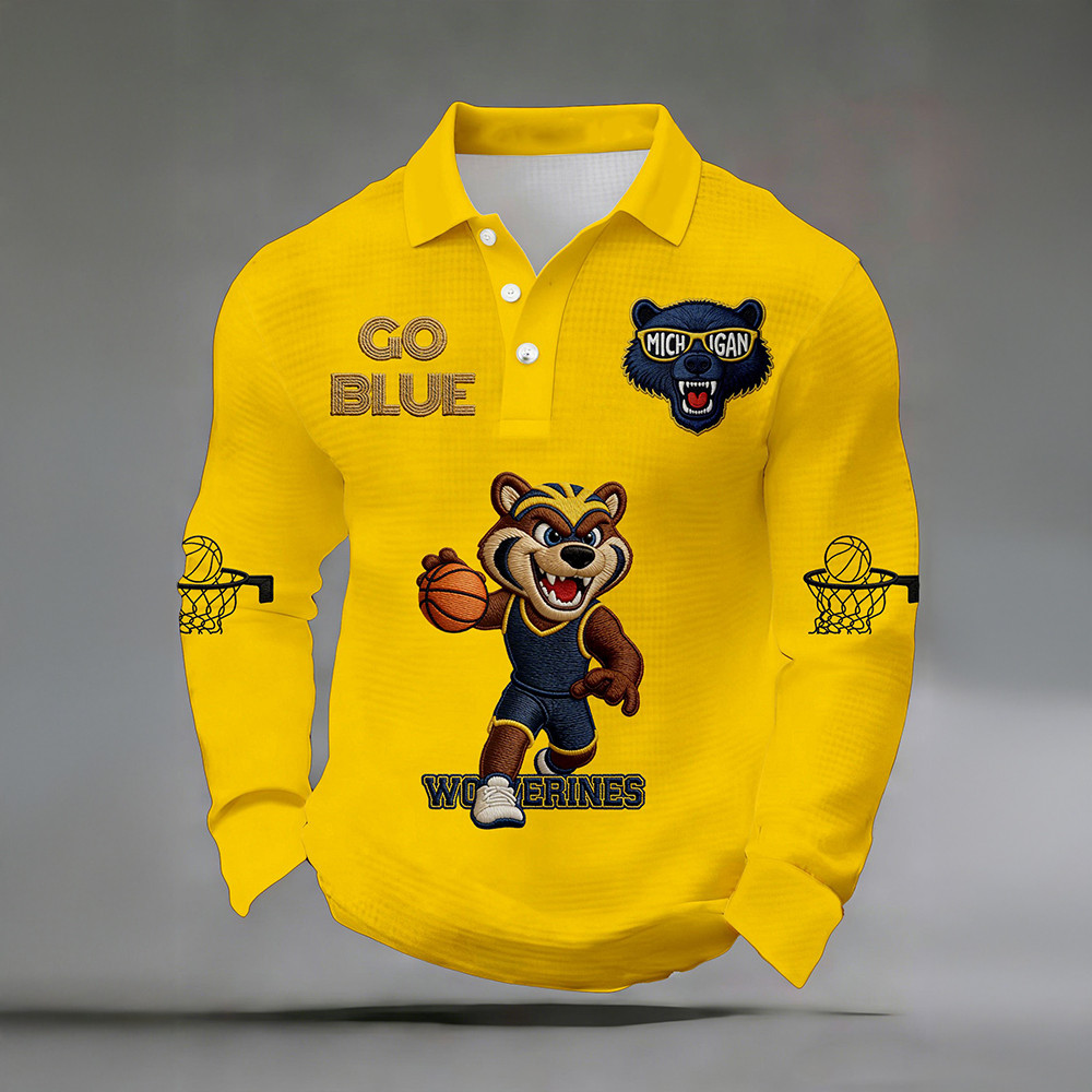 Michigan Wolverines Merch Go Blue Polo Long Sleeve Shirt Gift For Basketball Lovers