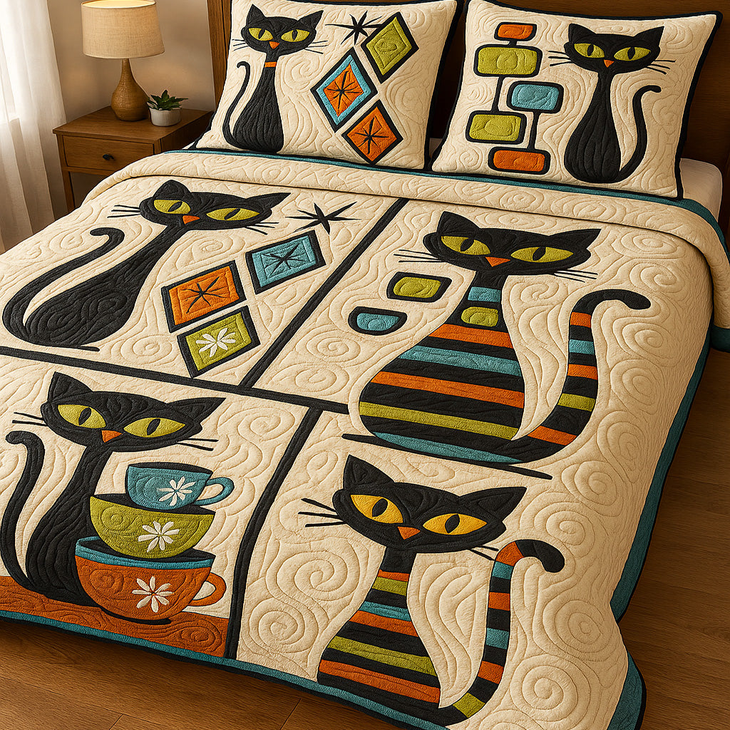 Midcentury Meow Quilted Bedding Set Cute Bedroom Decor Best Gifts For Cats For Christmas