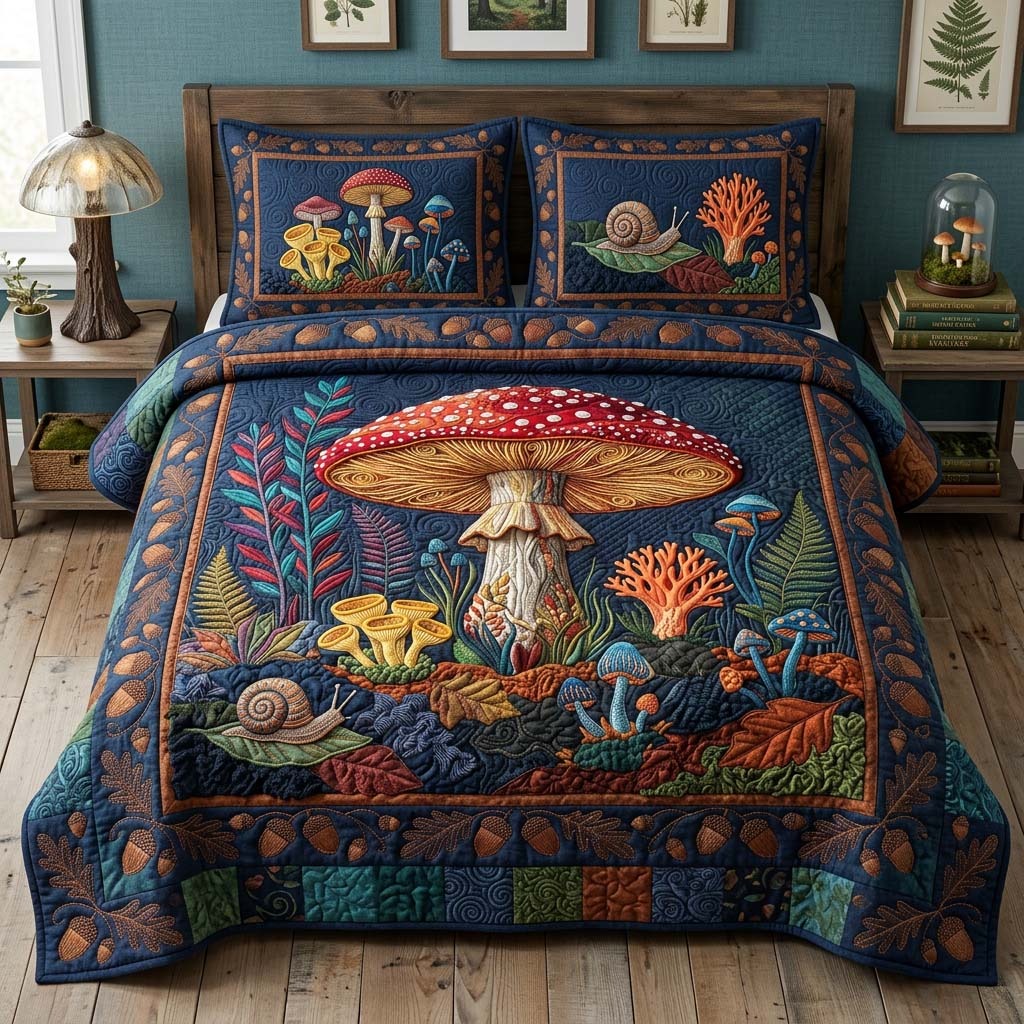 Midnight Amanita Garden Quilted Bedding Set Boho Bedroom Decor Gift For Mushroom Lovers