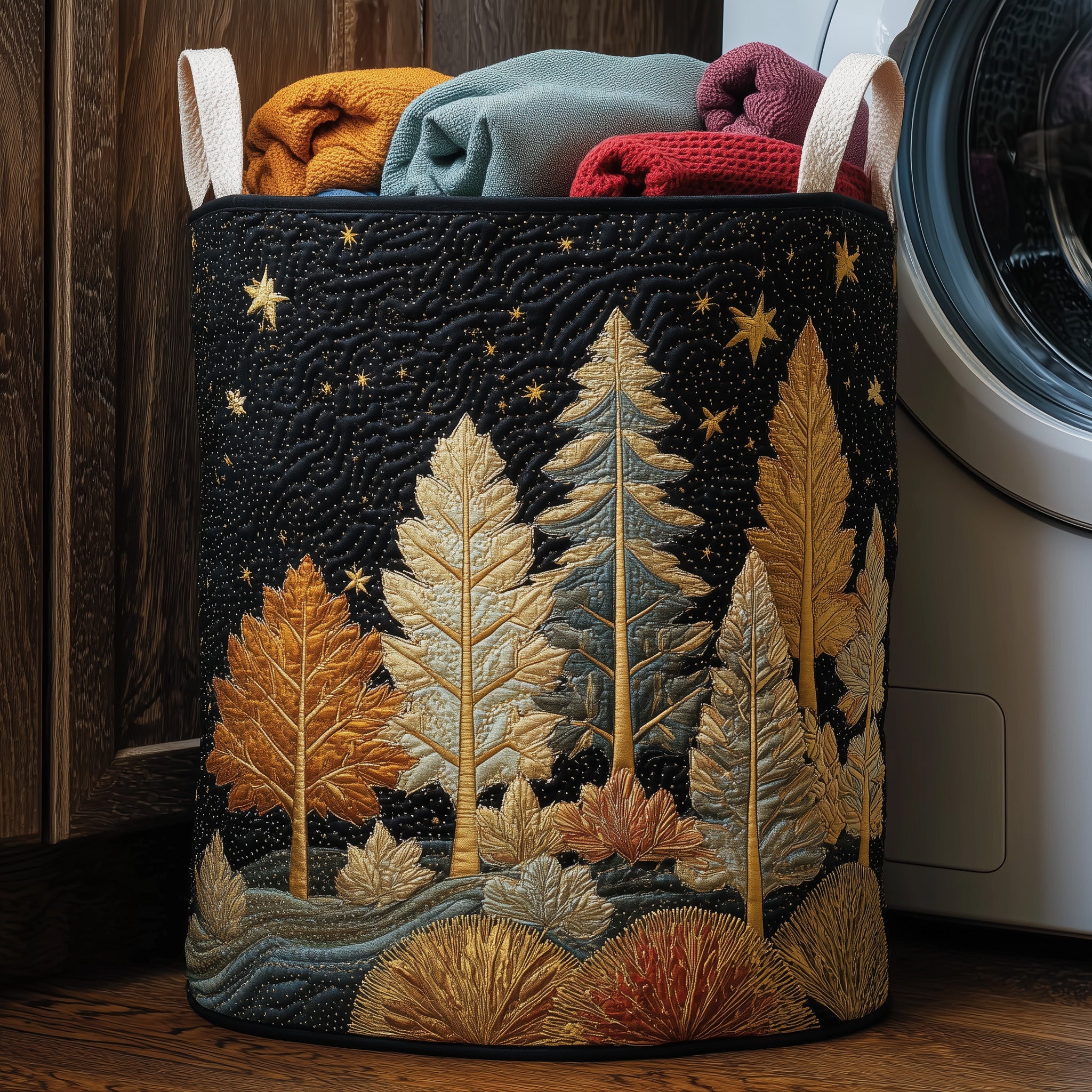 Midnight Autumn Forest Quilted Laundry Basket Christmas Merch Gift