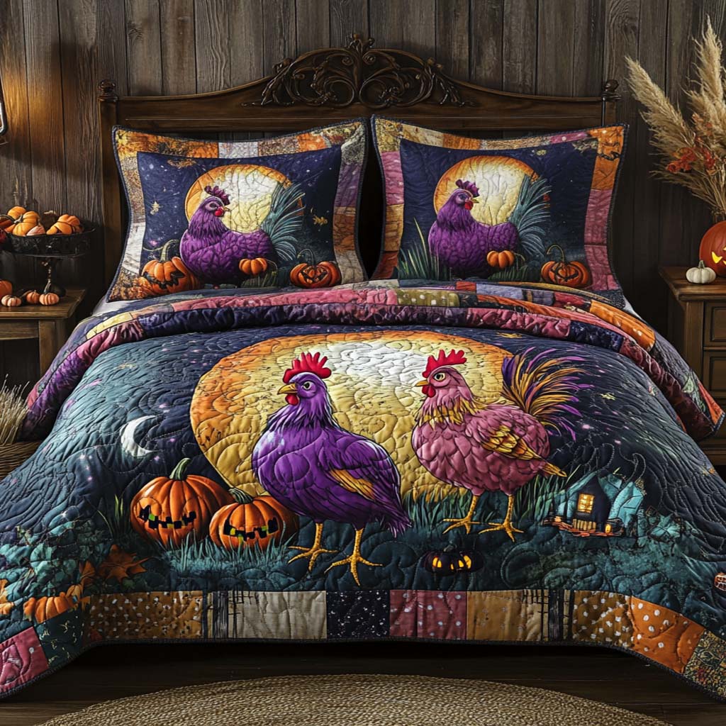 Midnight Barnyard Magic Quilted Bedding Set Halloween Blanket Set Chicken Gifts For Chicken Lovers