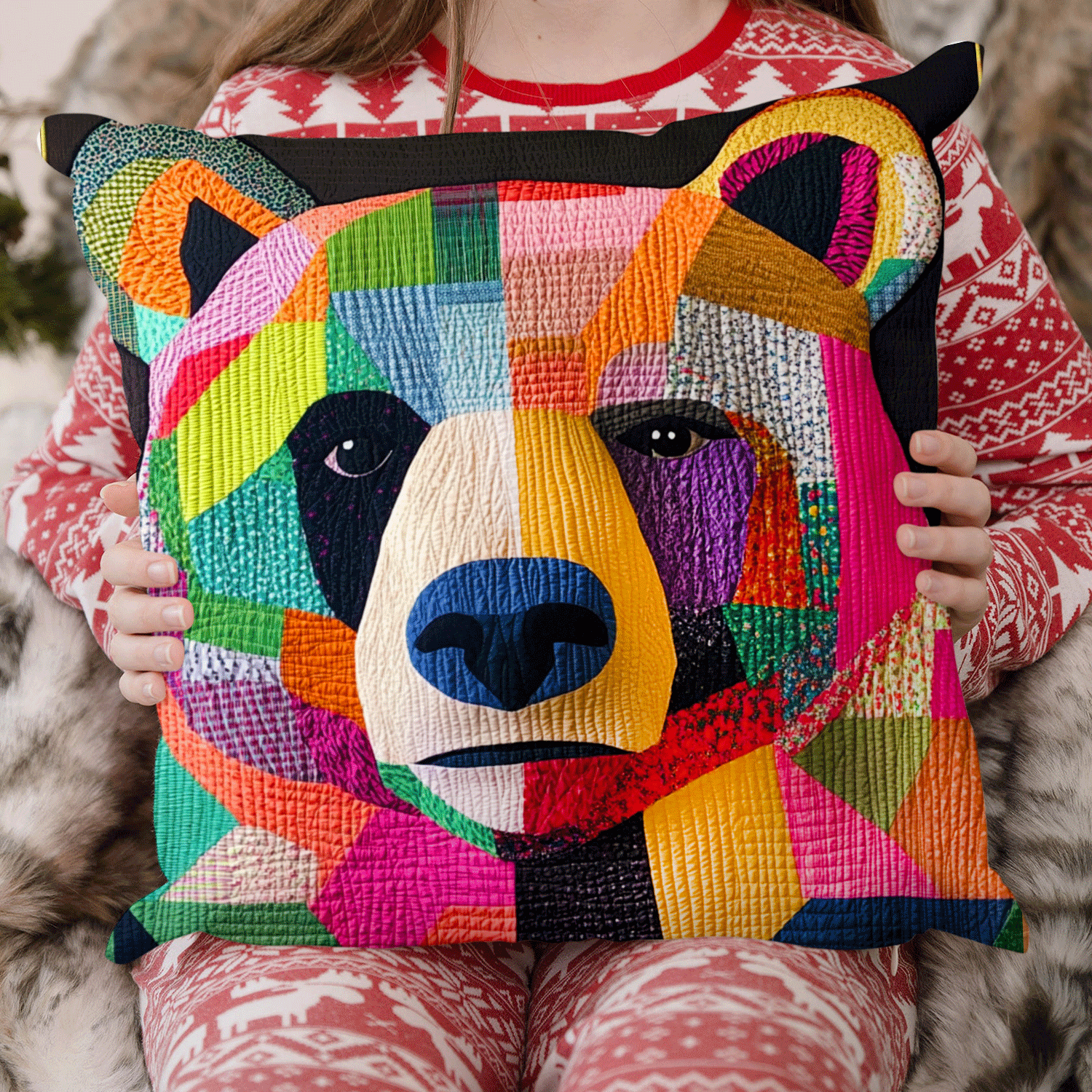 Midnight Bear Quilted Pillow Case Farmhouse Christmas Pillow Cover